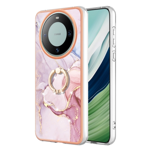 

For Huawei Mate 60 Electroplating Marble IMD TPU Phone Case with Ring Holder(Rose Gold 005)