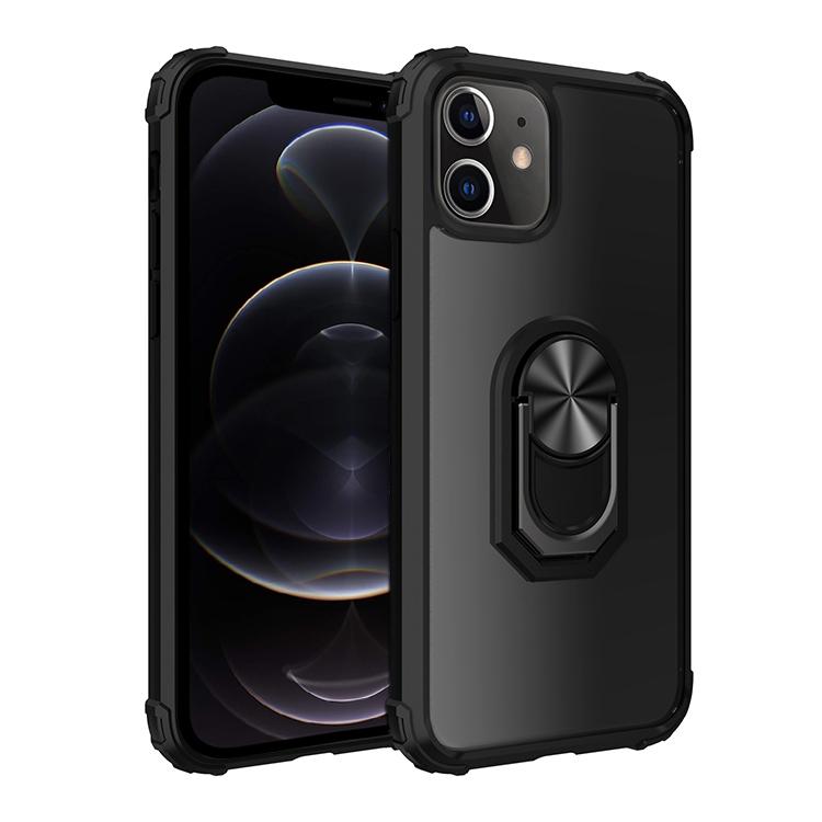 

For iPhone 12 / 12 Pro Shockproof Transparent TPU + Acrylic Protective Case with Ring Holder(Black)