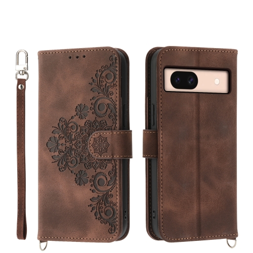 

For Google Pixel 8a Skin-feel Flowers Embossed Wallet Leather Phone Case(Brown)