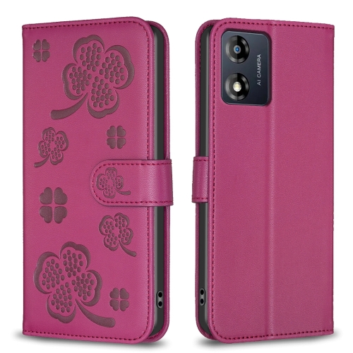 

For Motorola Moto E13 4G Four-leaf Embossed Leather Phone Case(Rose Red)