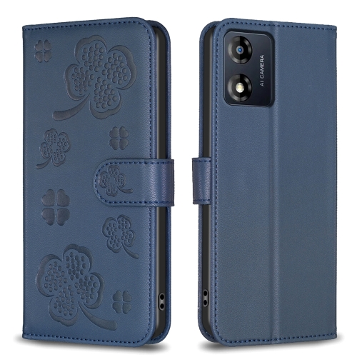 

For Motorola Moto E13 4G Four-leaf Embossed Leather Phone Case(Blue)