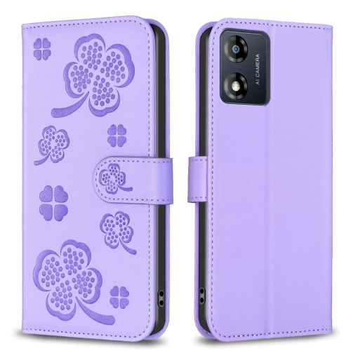 

For Motorola Moto E13 4G Four-leaf Embossed Leather Phone Case(Purple)