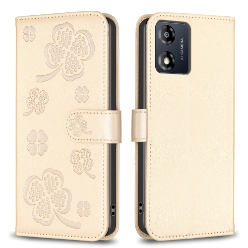 

For Motorola Moto E13 4G Four-leaf Embossed Leather Phone Case(Gold)