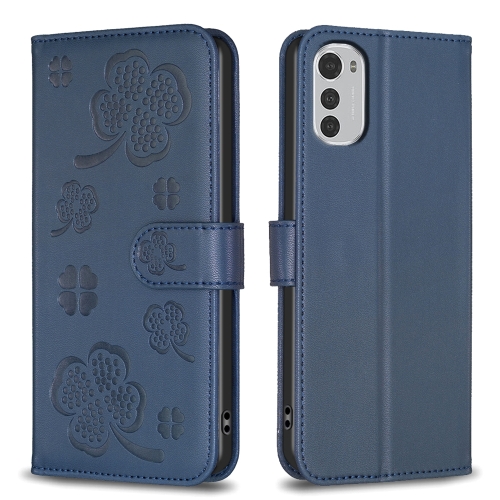

For Motorola Moto E32 4G Four-leaf Embossed Leather Phone Case(Blue)