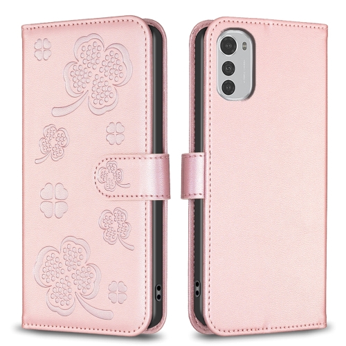 

For Motorola Moto E32 4G Four-leaf Embossed Leather Phone Case(Pink)