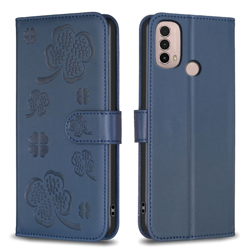 

For Motorola Moto E40 / E30 Four-leaf Embossed Leather Phone Case(Blue)