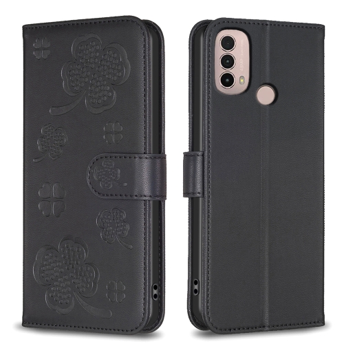 

For Motorola Moto E40 / E30 Four-leaf Embossed Leather Phone Case(Black)