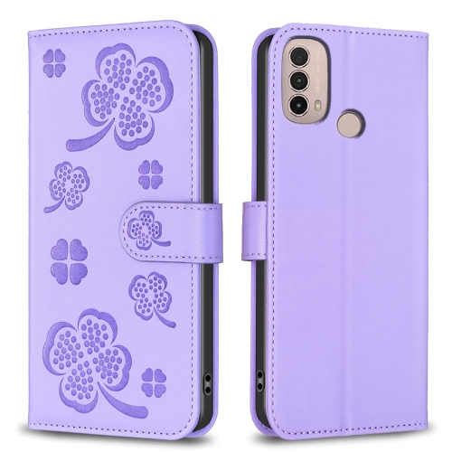 

For Motorola Moto E40 / E30 Four-leaf Embossed Leather Phone Case(Purple)