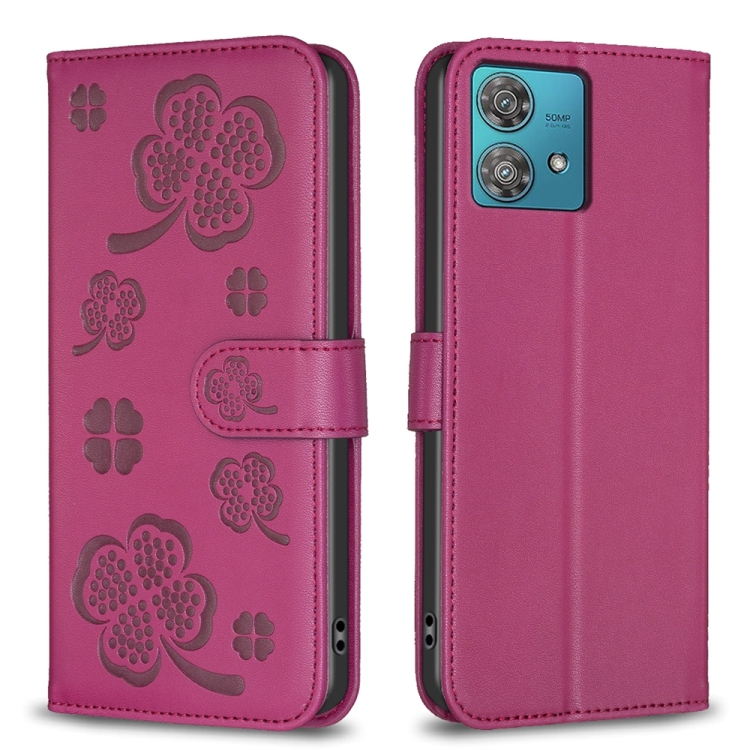 

For Motorola Edge 40 Neo Four-leaf Embossed Leather Phone Case(Rose Red)