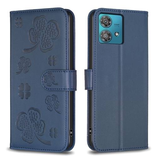 

For Motorola Edge 40 Neo Four-leaf Embossed Leather Phone Case(Blue)