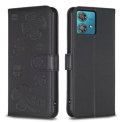 

For Motorola Edge 40 Neo Four-leaf Embossed Leather Phone Case(Black)