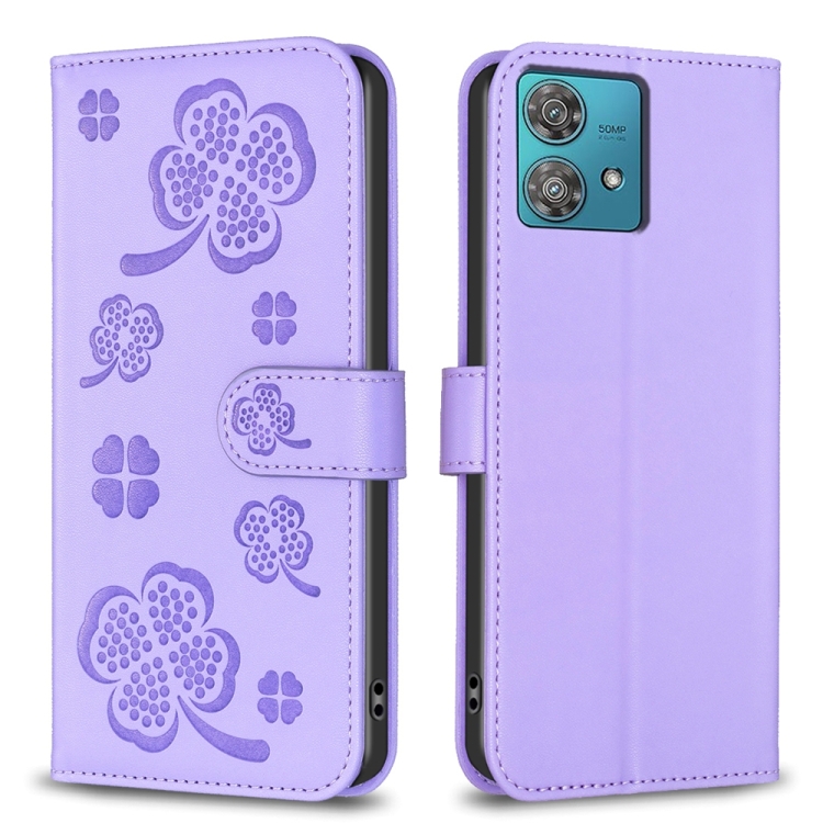 

For Motorola Edge 40 Neo Four-leaf Embossed Leather Phone Case(Purple)