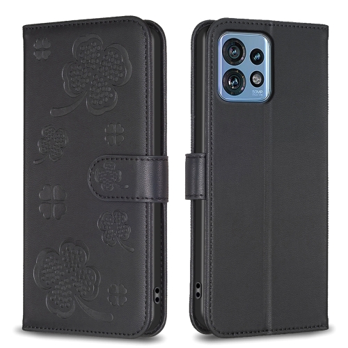 

For Motorola Edge 40 Pro 5G / X40 / X40 Pro Four-leaf Embossed Leather Phone Case(Black)