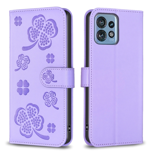 

For Motorola Edge 40 Pro 5G / X40 / X40 Pro Four-leaf Embossed Leather Phone Case(Purple)