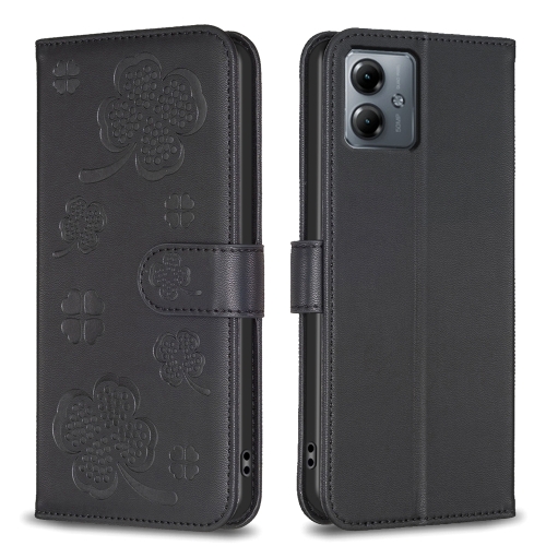 

For Motorola Moto G14 4G Four-leaf Embossed Leather Phone Case(Black)