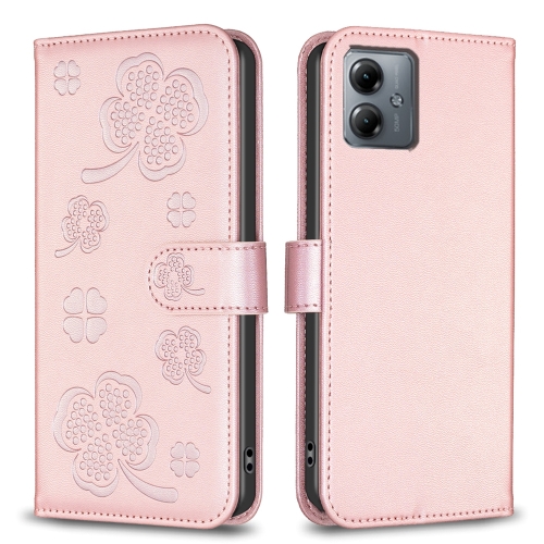 

For Motorola Moto G14 4G Four-leaf Embossed Leather Phone Case(Pink)