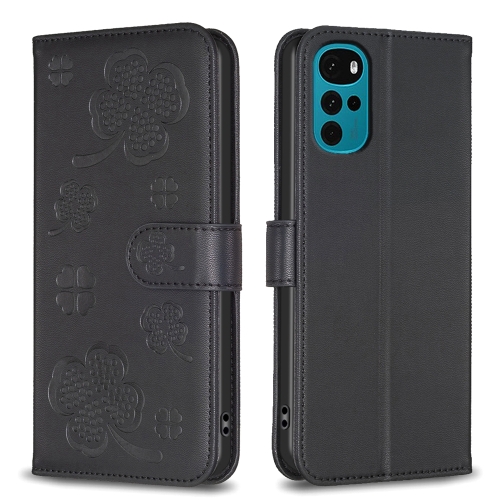 

For Motorola Moto G22 Four-leaf Embossed Leather Phone Case(Black)