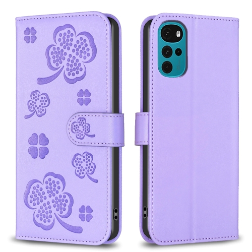 

For Motorola Moto G22 Four-leaf Embossed Leather Phone Case(Purple)