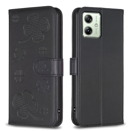 

For Motorola Moto G54 5G EU Edition Four-leaf Embossed Leather Phone Case(Black)