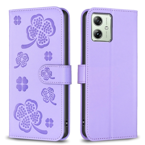 

For Motorola Moto G54 5G EU Edition Four-leaf Embossed Leather Phone Case(Purple)