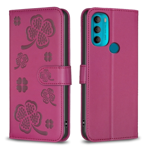 

For Motorola Moto G71 Four-leaf Embossed Leather Phone Case(Rose Red)