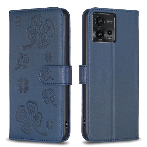 

For Motorola Moto G72 Four-leaf Embossed Leather Phone Case(Blue)