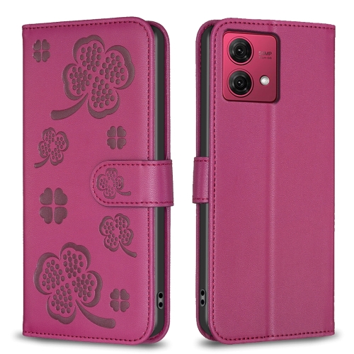 

For Motorola Moto G84 Four-leaf Embossed Leather Phone Case(Rose Red)