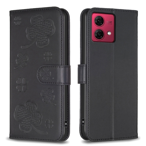 

For Motorola Moto G84 Four-leaf Embossed Leather Phone Case(Black)