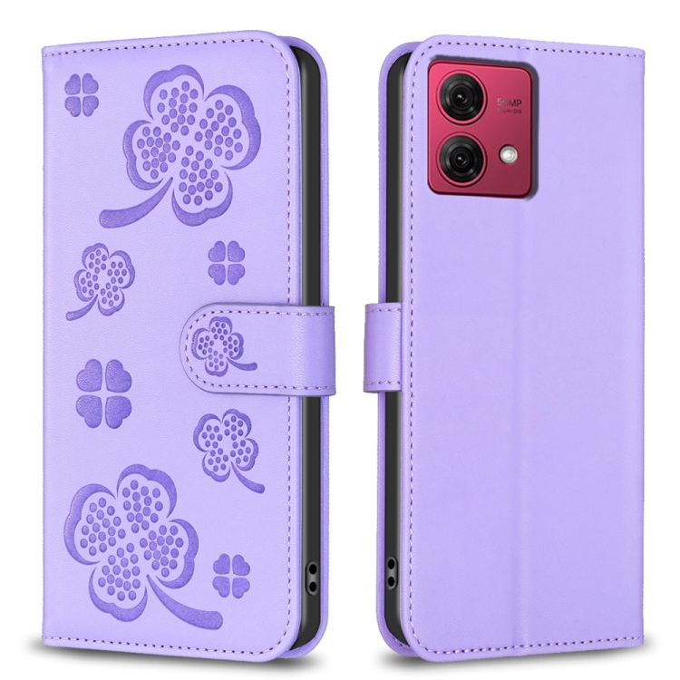 

For Motorola Moto G84 Four-leaf Embossed Leather Phone Case(Purple)