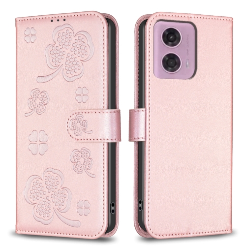 

For Motorola Moto G34 5G Four-leaf Embossed Leather Phone Case(Pink)