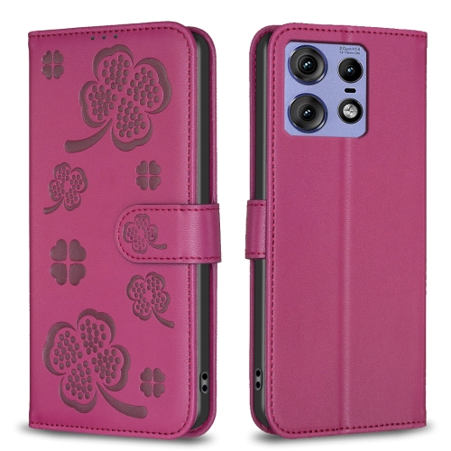 

For Motorola Edge 50 Pro 5G Four-leaf Embossed Leather Phone Case(Rose Red)