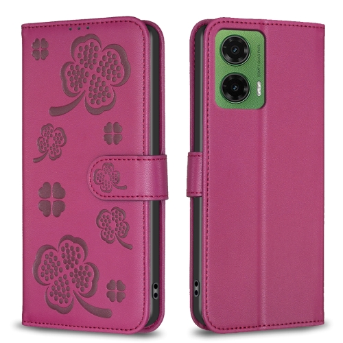 

For Motorola Moto G35 Four-leaf Embossed Leather Phone Case(Rose Red)