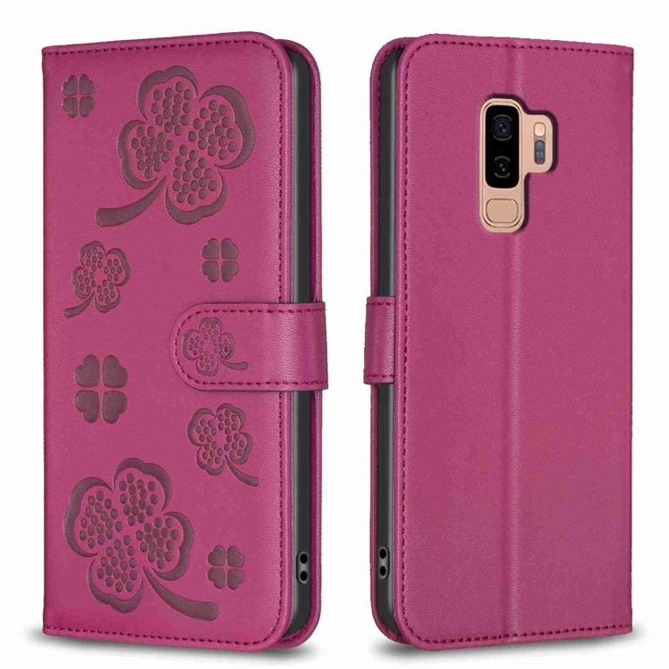 

For Samsung Galaxy S9+ Four-leaf Embossed Leather Phone Case(Rose Red)