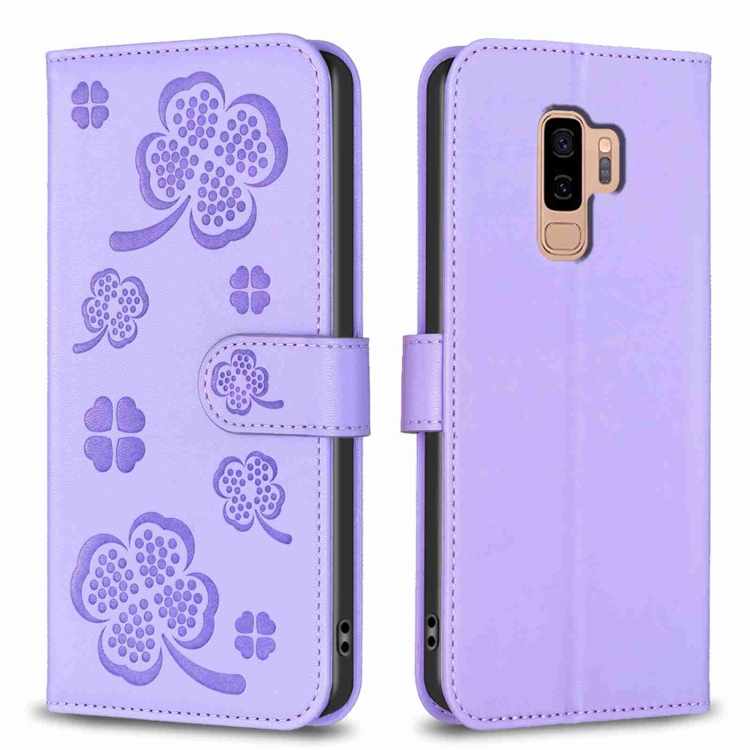 

For Samsung Galaxy S9+ Four-leaf Embossed Leather Phone Case(Purple)