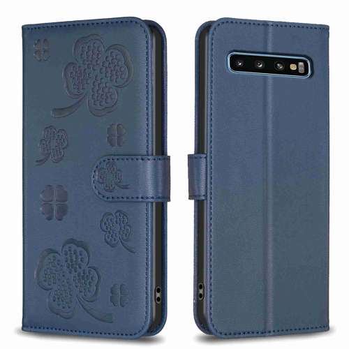 

For Samsung Galaxy S10 Four-leaf Embossed Leather Phone Case(Blue)