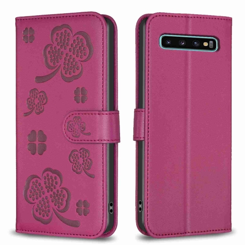 

For Samsung Galaxy S10+ Four-leaf Embossed Leather Phone Case(Rose Red)