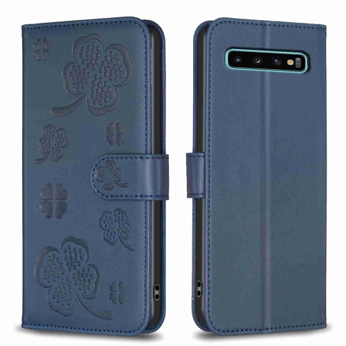 

For Samsung Galaxy S10+ Four-leaf Embossed Leather Phone Case(Blue)