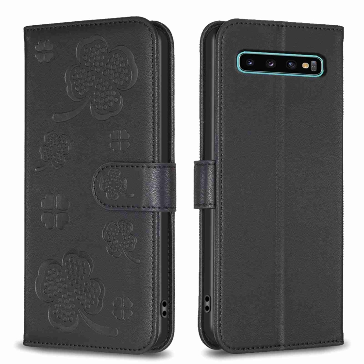 

For Samsung Galaxy S10+ Four-leaf Embossed Leather Phone Case(Black)