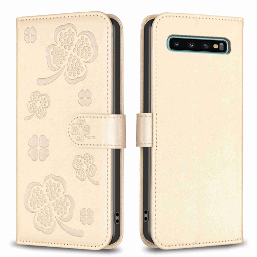 

For Samsung Galaxy S10+ Four-leaf Embossed Leather Phone Case(Gold)