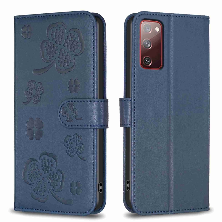 

For Samsung Galaxy S20 Four-leaf Embossed Leather Phone Case(Blue)
