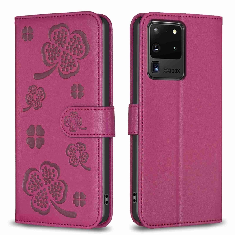 

For Samsung Galaxy S20 Ultra Four-leaf Embossed Leather Phone Case(Rose Red)