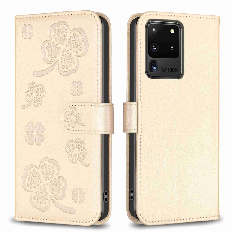 

For Samsung Galaxy S20 Ultra Four-leaf Embossed Leather Phone Case(Gold)