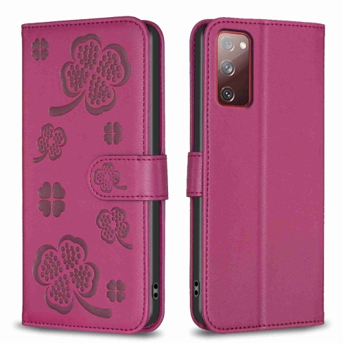 

For Samsung Galaxy S20 FE Four-leaf Embossed Leather Phone Case(Rose Red)