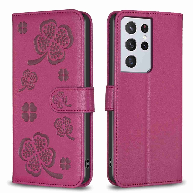 

For Samsung Galaxy S21 Ultra 5G Four-leaf Embossed Leather Phone Case(Rose Red)