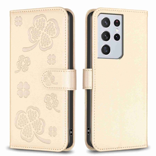 

For Samsung Galaxy S21 Ultra 5G Four-leaf Embossed Leather Phone Case(Gold)