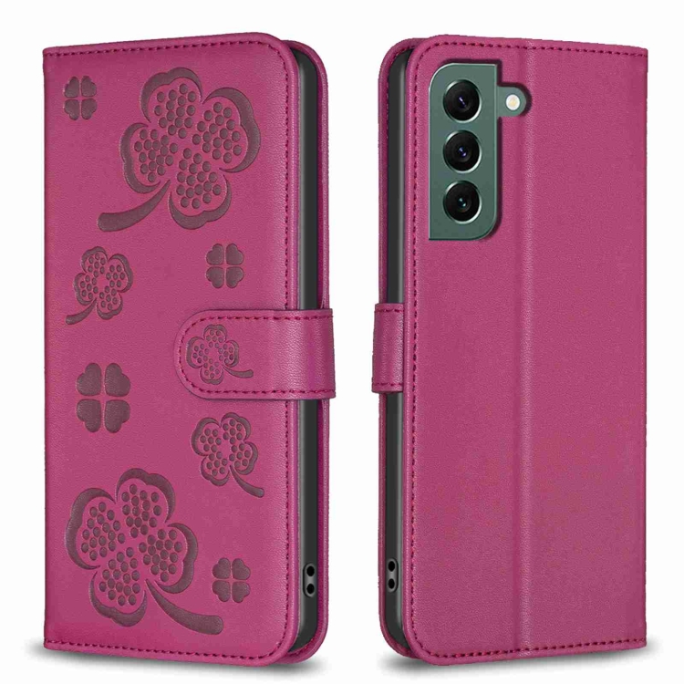 

For Samsung Galaxy S21 FE 5G Four-leaf Embossed Leather Phone Case(Rose Red)