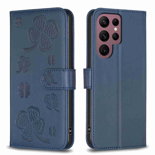For Samsung Galaxy S22 Ultra 5G Four-leaf Embossed Leather Phone Case(Blue) for samsung galaxy s24 5g skin feel butterfly embossed flip leather phone case purple