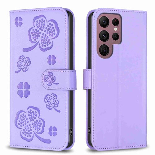 

For Samsung Galaxy S22 Ultra 5G Four-leaf Embossed Leather Phone Case(Purple)