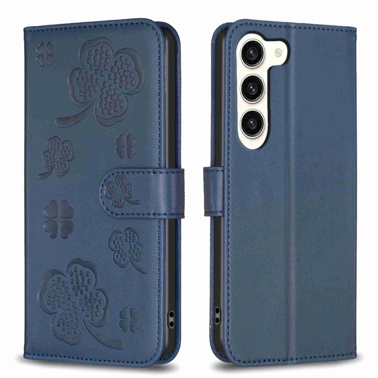 

For Samsung Galaxy S23+ 5G Four-leaf Embossed Leather Phone Case(Blue)