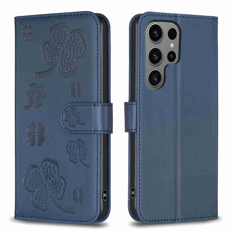 

For Samsung Galaxy S23 Ultra 5G Four-leaf Embossed Leather Phone Case(Blue)